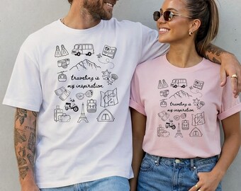 Unisex Partner Shirt Reise Fans | Traveler T-Shirt Doodle Design | Reise Partner Geschenk
