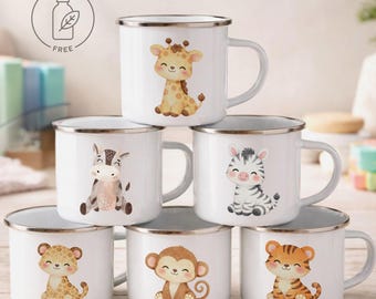Personalisierte Kinder Emaille Tasse Safari-Tiere | Edelstahl Trinkbecher weiß | Kids Camper-Tasse | | Geschenk Kita-Start Einschulung