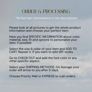May include: Text on a light blue background reads "ORDER & PROCESSING." Instructions include selecting size and color, adding to cart, and choosing a shipping method. The text also mentions finding specific information about color, material, size, and fit.