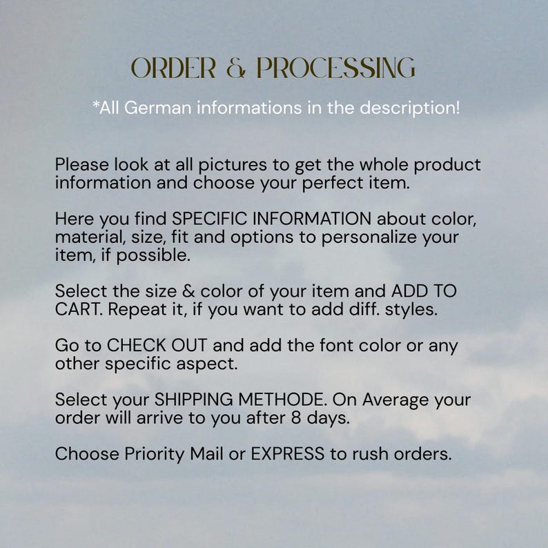 May include: Text on a light blue background reads "ORDER & PROCESSING." Instructions include selecting size and color, adding to cart, and choosing a shipping method. The text also mentions finding specific information about color, material, size, and fit.