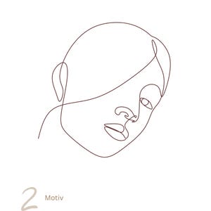 May include: A brown single-line drawing of a human face in profile, featuring a continuous contour that defines the hair, ear, nose, and lips. The number 2 and the word Motiv are printed in brown in the lower left corner of the composition.