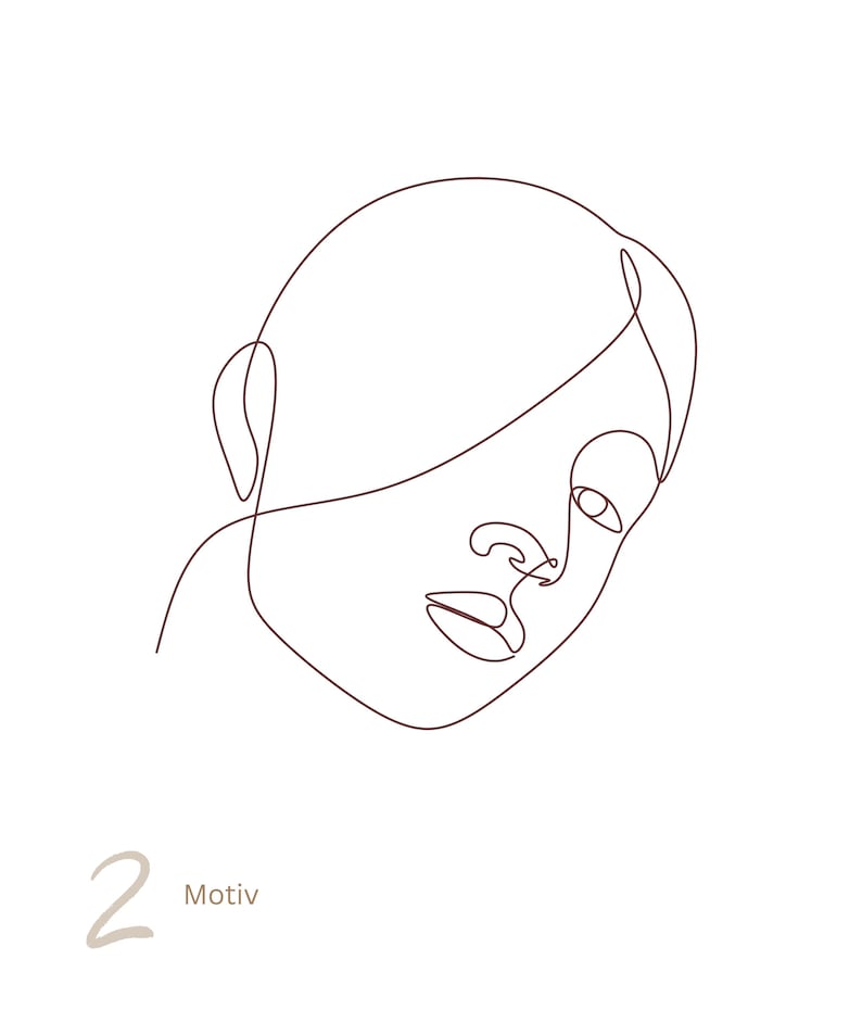 May include: A brown single-line drawing of a human face in profile, featuring a continuous contour that defines the hair, ear, nose, and lips. The number 2 and the word Motiv are printed in brown in the lower left corner of the composition.