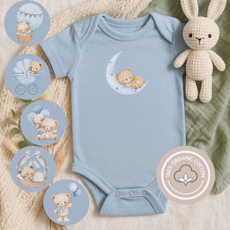 Unisex Babybody Bio Baumwolle | Baby Strampler Junge & Mädchen | 6 Teddy Bär Motiv | Geschenk zu Geburt und Taufe | bild 3