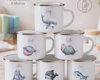 Kinder Emaille Tasse personalisiert mit Namen | Edelstahl Trinkbecher weiß | Meerestiere | Kids Camper-Tasse | Geschenk Schulanfang