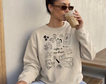 Unisex Frauen Sweatshirt Kaffee Liebhaber | Pullover Doodle Design | Geschenkidee Kaffee-Liebhaberin