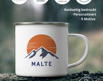 Personalisierte Emaille Tasse Berg Welt | Edelstahl Trinkbecher weiß | Camper-Tasse | Outdoor Trinkbecher "Hiking" | Geschenk Idee Wanderer