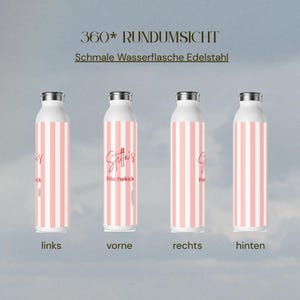 May include: Four views of a slim stainless steel water bottle featuring a vertical pink and white striped pattern. The front view displays the text 'Stella's Frischekick' in a script and sans-serif font. The bottle has a silver-colored cap.