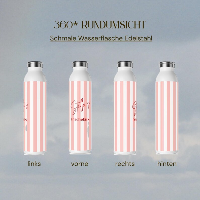 May include: Four views of a slim stainless steel water bottle featuring a vertical pink and white striped pattern. The front view displays the text 'Stella's Frischekick' in a script and sans-serif font. The bottle has a silver-colored cap.