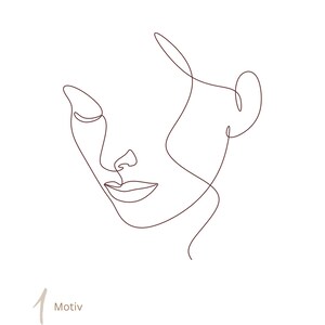 May include: A brown single-line drawing of a human face in profile, featuring closed eyes, a nose, and lips. The artwork is composed of a continuous, fluid line that defines the facial features. The number 1 and the word Motiv are printed below.