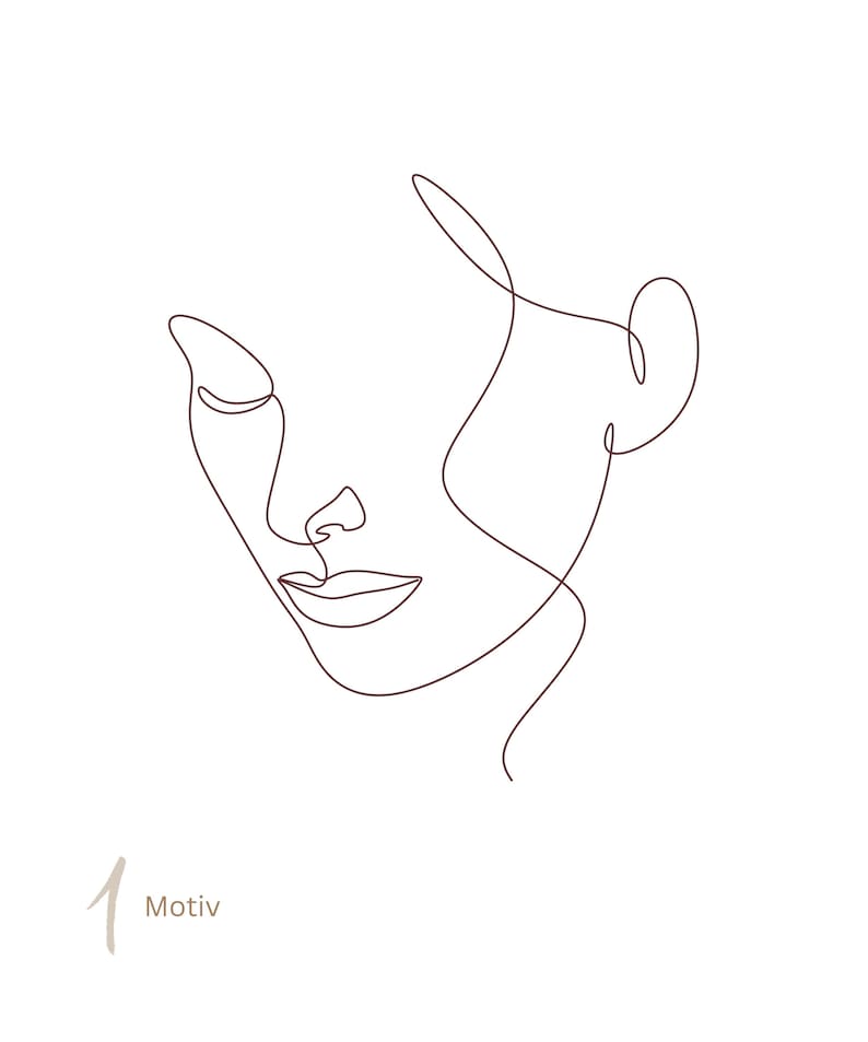 May include: A brown single-line drawing of a human face in profile, featuring closed eyes, a nose, and lips. The artwork is composed of a continuous, fluid line that defines the facial features. The number 1 and the word Motiv are printed below.