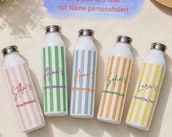 Personalisierte wiße Edelstahl Trinkflasche | Thermosflasche mit Streifen Design | Kalt- oder Heißgetränke |  5 Varianten zur Auswahl