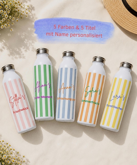 Personalisierte wiße Edelstahl Trinkflasche | Thermosflasche mit Streifen Design | Kalt- oder Heißgetränke |  5 Varianten zur Auswahl