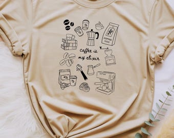 Gekritzel Kurzarm Shirt "Kaffee ist mein Lebenselixier" | T-Shirt Barista Fan | Geschenk für Kaffeeliebhaber