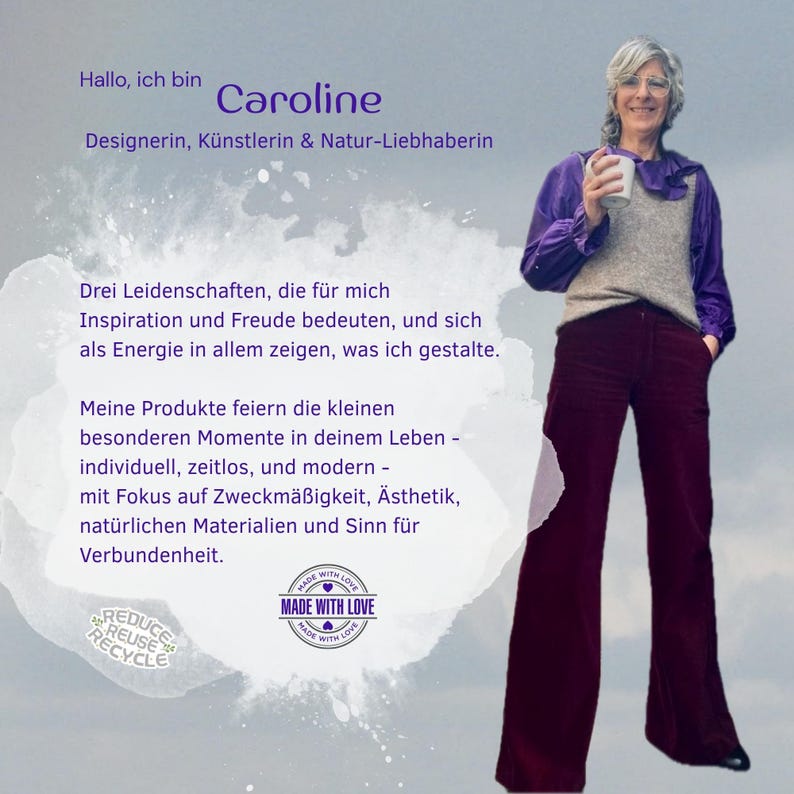 May include: A person with short gray hair wearing a purple long-sleeve shirt, a beige knit vest, and dark maroon wide-leg trousers. The image includes text in German, a 'Made With Love' circular logo, and a 'Reduce Reuse Recycle' graphic icon.