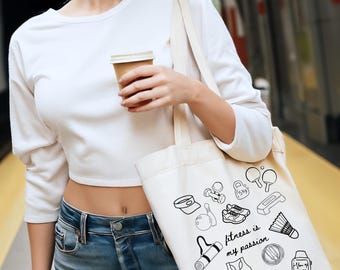 Doodle Canvas Tasche "Fitness ist meine Leidenschaft" | Baumwolltasche mit Linen Illustration |  | Geschenkidee Frauen | Fitness Fan Tasche