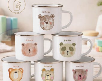 Kinder Emaille Tasse Teddybär, weiß|  Edelstahl Trinkbecher personalisiert mit Namen | Barn Camper-Tasse | Geschenk Schulbeginn Kita-Start