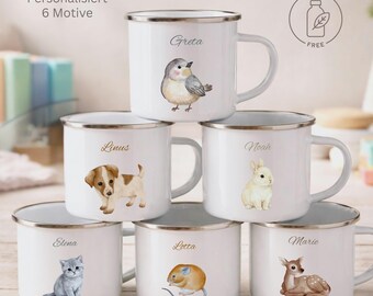 Personalisierte Kinder Emaille Tasse | Edelstahl Trinkbecher weiß | Haustier-Motive | Kids Camper- Tasse | Aquarell Design | Kinder Gechenk