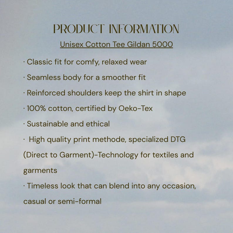 Puede incluir: Texto sobre un fondo claro que dice "INFORMACI&Oacute;N DEL PRODUCTO" y "Unisex Cotton Tee Gildan 5000". Vi&ntilde;etas describen caracter&iacute;sticas como ajuste cl&aacute;sico, cuerpo sin costuras, hombros reforzados, 100% algod&oacute;n, sostenible y m&eacute;todo de impresi&oacute;n de alta calidad.