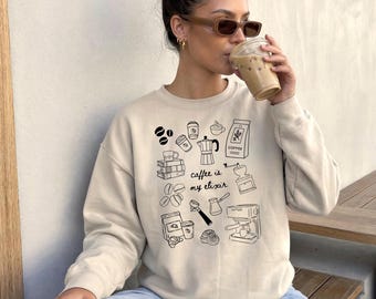 Unisex Frauen Sweatshirt Coffee Lover | Sweater Doodle Design | Geschenkidee Kaffee Liebhaberin