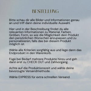 May include: A digital graphic with the heading BESTELLUNG in dark brown text, followed by German instructions regarding product selection, personalization options, adding items to the cart, checkout procedures, production times, and shipping methods.