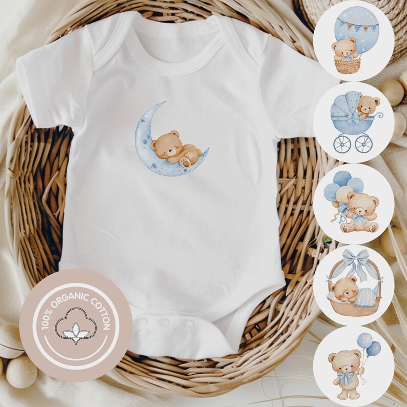 Unisex Babybody Bio Baumwolle | Baby Strampler Junge & Mädchen | 6 Teddy Bär Motiv | Geschenk zu Geburt und Taufe | bild 1