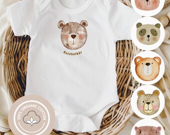 Baby Strampler Organische Baumwolle | Letnie body dziecięce unisex | ökologischer Strampler | Kuschelbär Motivauswahl | Geschenk zu Geburt & Taufe