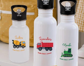 Personalisierte Kinder Trinkflasche mit Namen & Automotive | Edelstahlflasche mit Strohhalm 400 ml, 500 ml, 600 ml | Geschenk Kita Schule