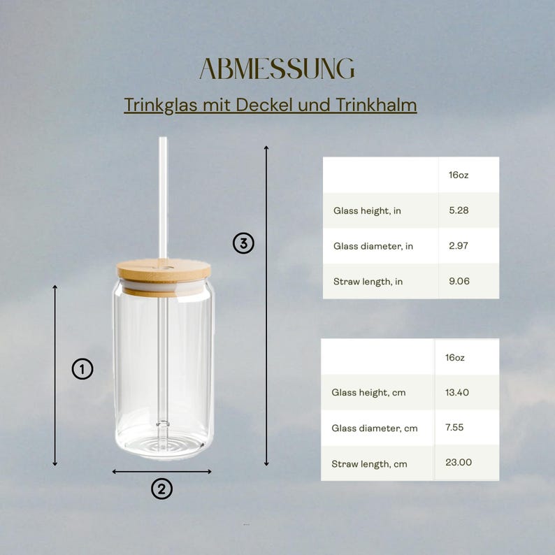 May include: A clear glass tumbler with a bamboo lid and a clear straw. A chart displays dimensions: 16oz capacity, 5.28 inches height, 2.97 inches diameter, and 9.06 inches straw length. The text ABMESSUNG and Trinkglas mit Deckel und Trinkhalm appear.