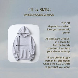 May include: A light gray unisex hoodie with a hood and a front pocket. The image includes text that reads "FIT & SIZING" and "UNISEX HOODIE G 18500". The text also provides sizing information for a loose or tight fit.