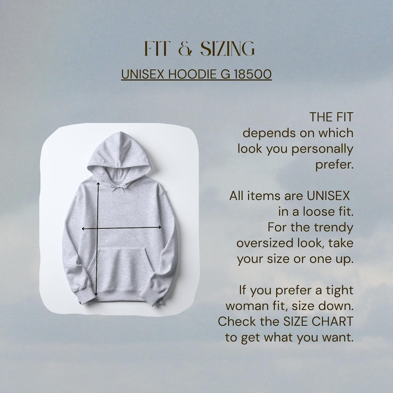 May include: A light gray unisex hoodie with a hood and a front pocket. The image includes text that reads "FIT & SIZING" and "UNISEX HOODIE G 18500". The text also provides sizing information for a loose or tight fit.