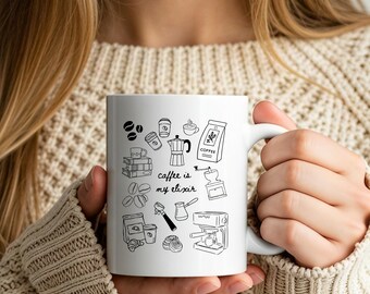 Doodle Kaffeebecher "Kaffee ist mein Lebenselixier" |  Weißer Keramik Becher | Linien Illustration | Geschenk Kaffee Liebhaber