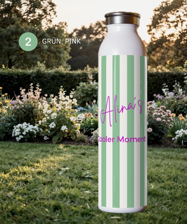 May include: A white water bottle with vertical light green stripes and a silver-colored cap. The text "Alina's" and "Cooler Moment" is printed in purple script and sans-serif font on the front of the bottle, which also features a green circle with the number 2.