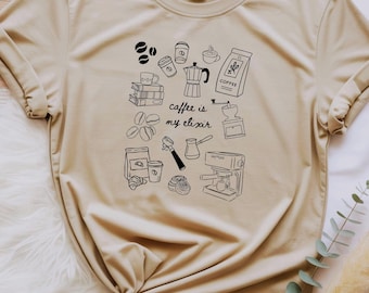 Doodle Kurzarm Shirt "Coffee is my elixir" | Lifestyle T-Shirt Barista Fan | Geschenk für Coffee Lover