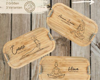 Personalisierte Brotdose Edelstahl & Bambus | 6 Yoga-, Pilates Motive | Unterschiedliche Größen und Varianten | Ecofriendly Gift