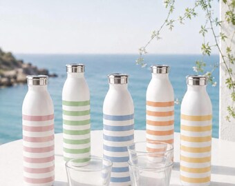Schmale Wasserflasche Edelstahl weiß mit Streifen | Trinkflasche ästhetisch | Isolierflasche Hieß- & Kaltgetränk | Minimal Design Sommer