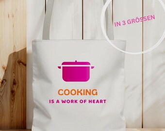 Tote Bag "Cooking is a Work of Heart" | Einkaufstasche Fresh Food Lover | Grocery Bag | Schultertasche für Hobbyköche
