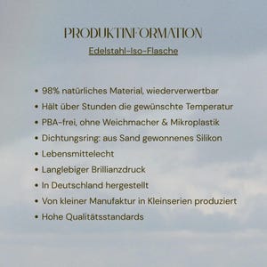 May include: A product information card for a stainless steel insulated bottle. The text lists features including 98% natural recyclable materials, temperature retention, BPA-free composition, silicone seals, food-safe standards, and small-batch production.