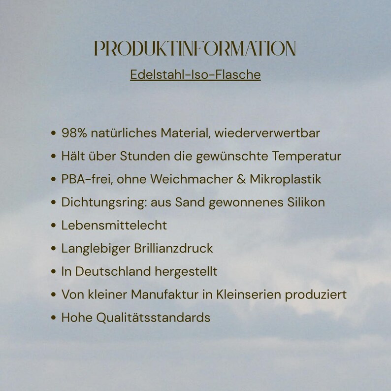 May include: A product information card for a stainless steel insulated bottle. The text lists features including 98% natural recyclable materials, temperature retention, BPA-free composition, silicone seals, food-safe standards, and small-batch production.