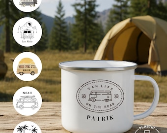 Personalisierte Emaille Tasse Van Life | Edelstahl Trinkbecher weiß | Camper-Tasse | Boho Design | Geschenk Idee Camper Aktivurlaub