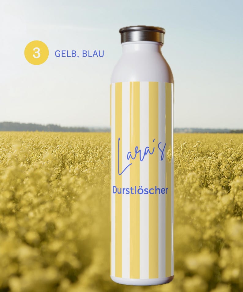 May include: A white water bottle with vertical yellow stripes. The text "Lara's Durstl&ouml;scher" is printed in blue on the front. The bottle has a metallic silver cap. A yellow circle with the number 3 and the text "GELB, BLAU" is visible.