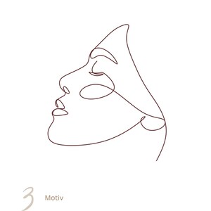May include: A dark brown single-line drawing depicting the profile of a face. The continuous line traces the forehead, eyebrow, closed eye, nose, lips, and chin. Below the illustration, the number 3 and the text Motiv are clearly visible.