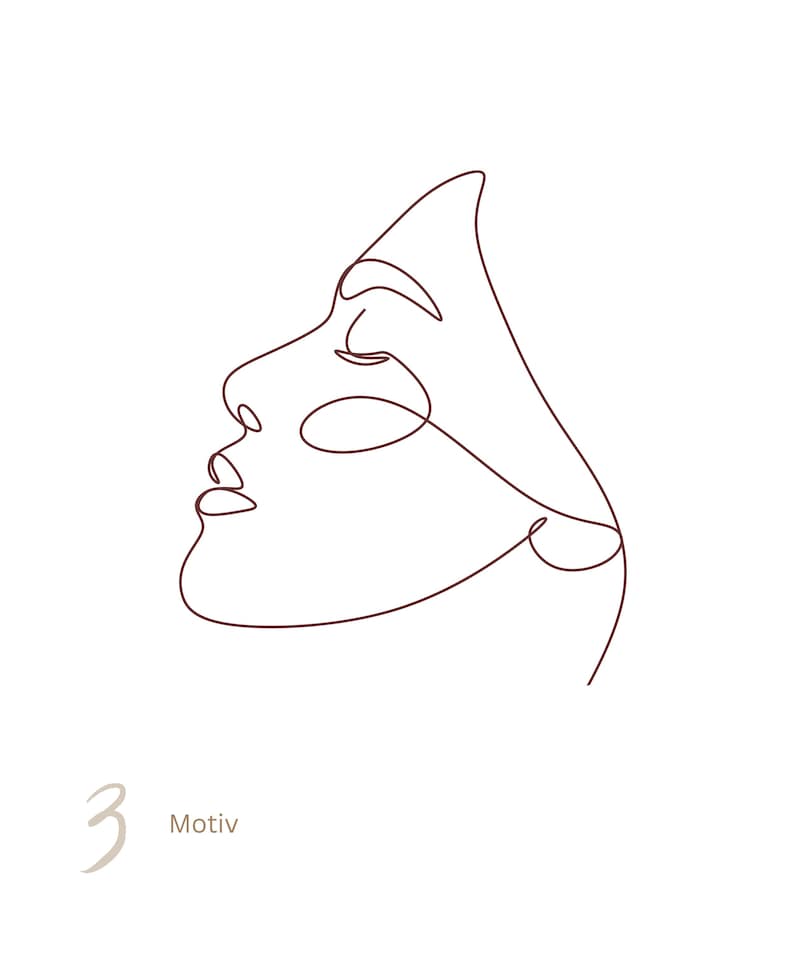 May include: A dark brown single-line drawing depicting the profile of a face. The continuous line traces the forehead, eyebrow, closed eye, nose, lips, and chin. Below the illustration, the number 3 and the text Motiv are clearly visible.