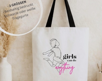 TOTE BAG "Girls Can Do Anything" | Tragetasche mit Girl Power Statement | Schultertasche Fine Line Design | Einkaufstasche Frauen & Mädchen