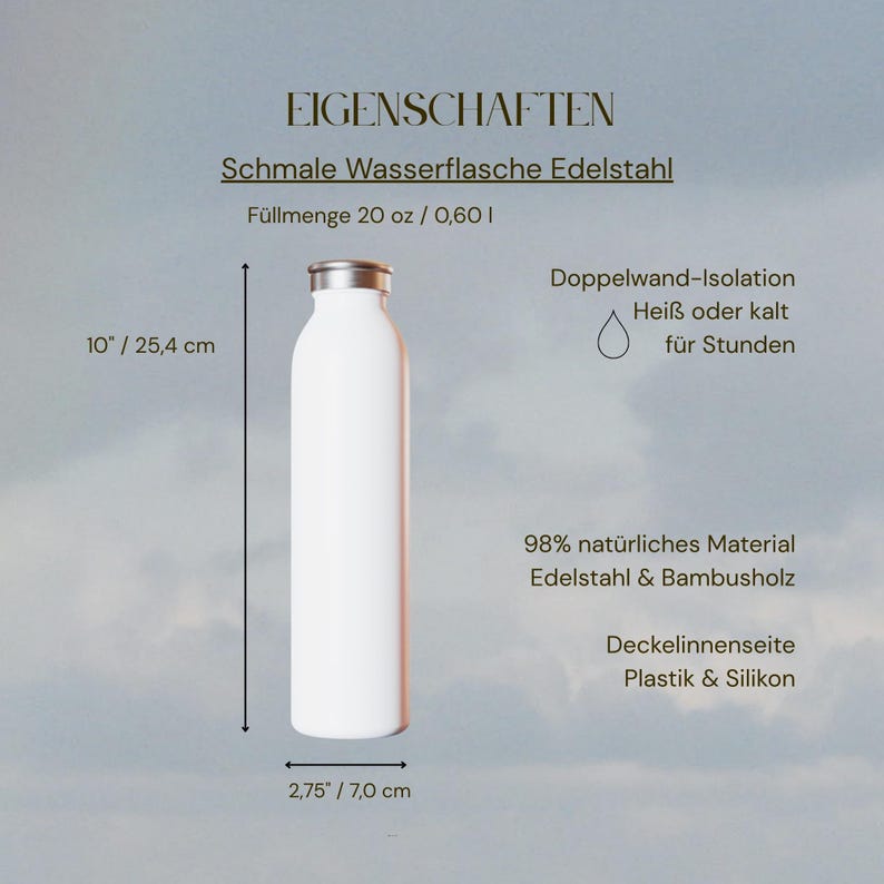 May include: A white stainless steel water bottle with a metallic cap. Text indicates a 20 oz capacity, 10 inch height, and 2.75 inch diameter. Features include double-wall insulation for hot or cold liquids, and construction from stainless steel, bamboo, plastic, and silicone.