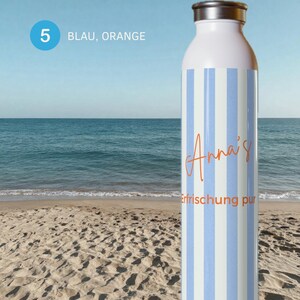 May include: A white water bottle with vertical light blue stripes. The bottle features the orange text "Anna's" in a cursive script and the orange text "Erfrischung pur" in a sans-serif font. It has a metallic silver cap at the top.