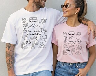 Unisex Partner Shirt Reise Fans | Traveler T-Shirt Doodle Design | Reise Partner Geschenk