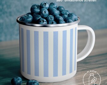 Personalisierte Emaille Tasse | Familien Camper Tasse individuell | Edelstahl Trinkbecher Sommer Streifen | Geschenk Freunde & Familie