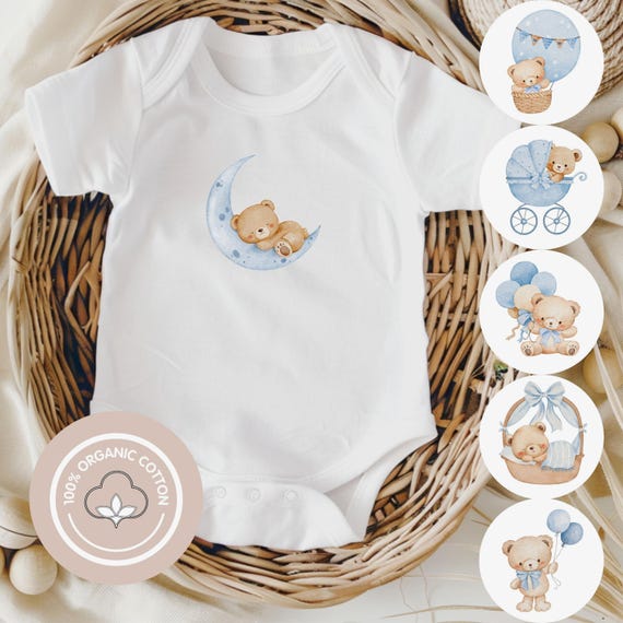 Unisex Babybody Bio Baumwolle | Nachhaltiger Baby Strampler Unisex | 6 Teddy Bär Motive | Geschenk zu Geburt und Taufe