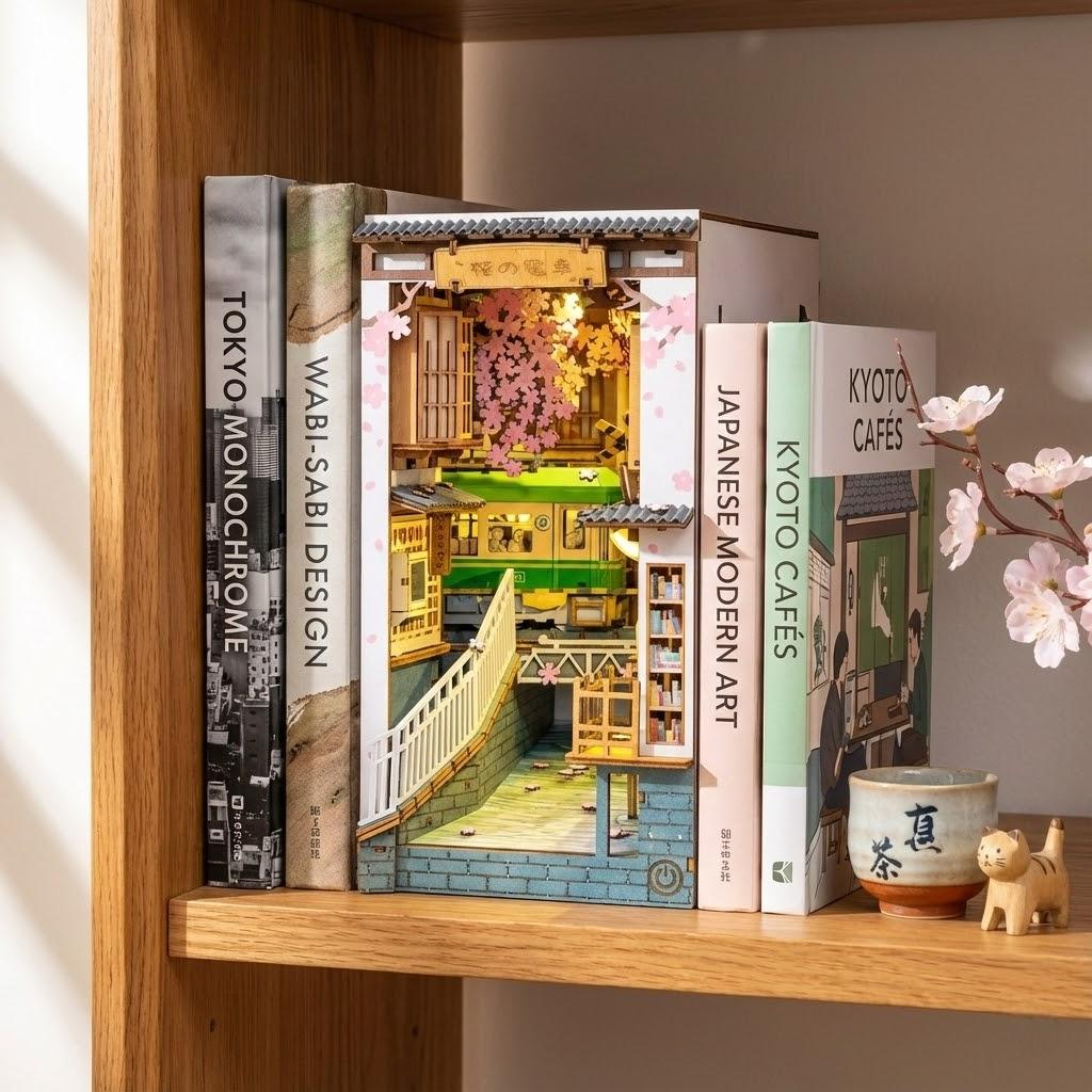 yayayayaセット Sakura Densya Japanese Train Book Nook Kit DIY – 3D Wooden Puzzle