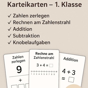 Könnte beinhalten: Mathematik-Karteikarten für die 1. Klasse mit Aufgaben zu Addition, Subtraktion und Zahlenzerlegung. Die Karten zeigen Gleichungen wie 3 + 4 = und 4 + 3 =. Das Set umfasst 39 Seiten mit Lerninhalten.
